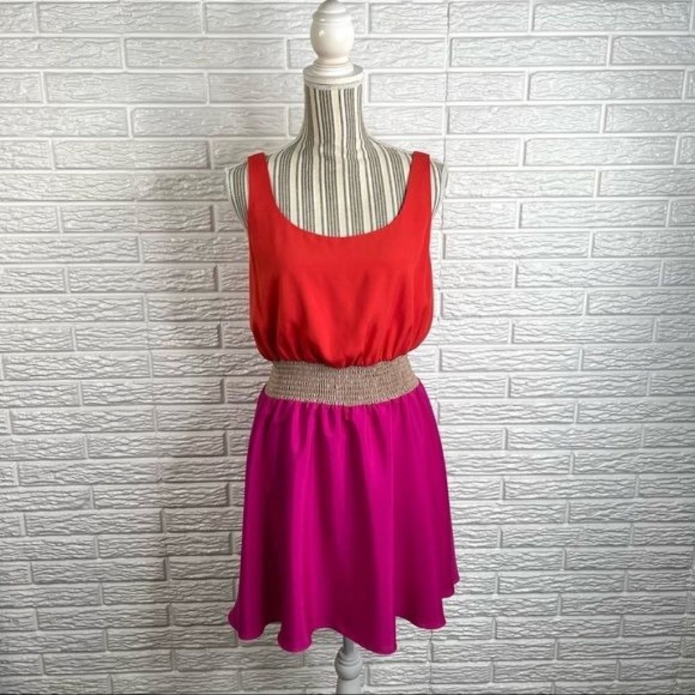 MM Courure by Miss Me Color Block Short Dress Orange Pink Tan Ruched Size Medium